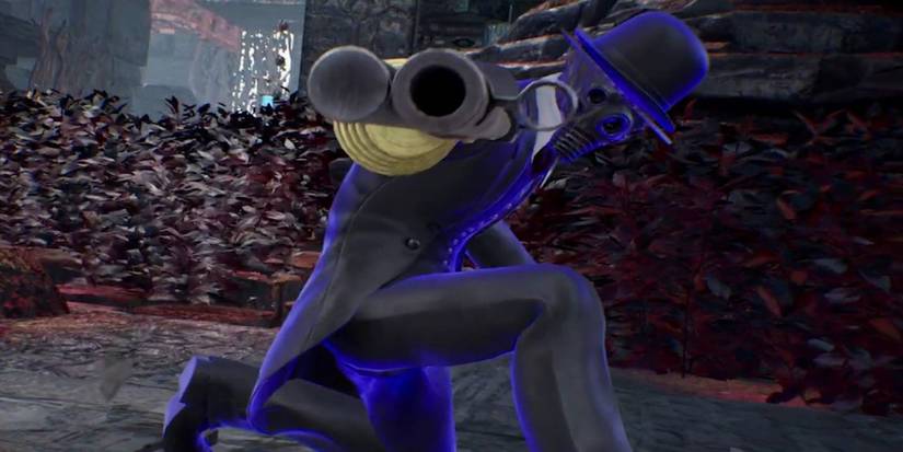 Hunter G kneeling and pointing into the camera after spawning into a game of Death Jamboree in Deathverse: Let It Die