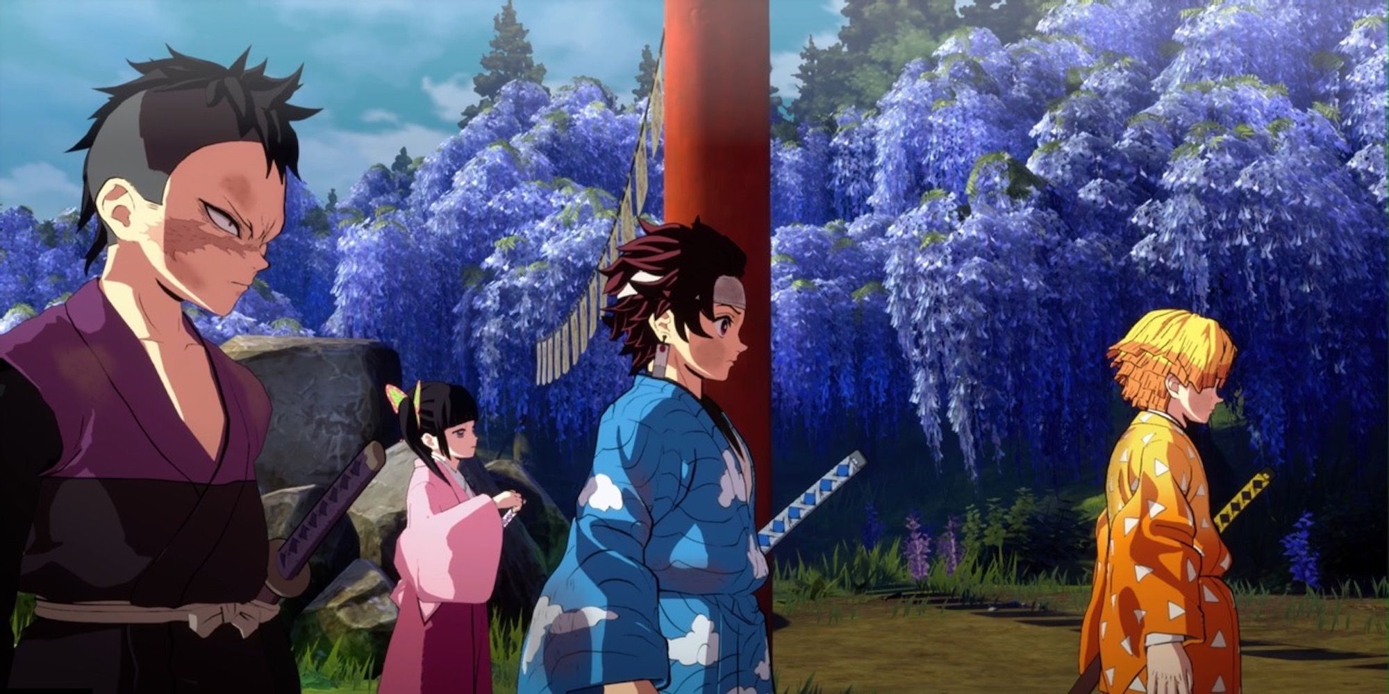 A scene featuring multiple characters from Demon Slayer-Kimetsu no Yaiba – The Hinokami Chronicles