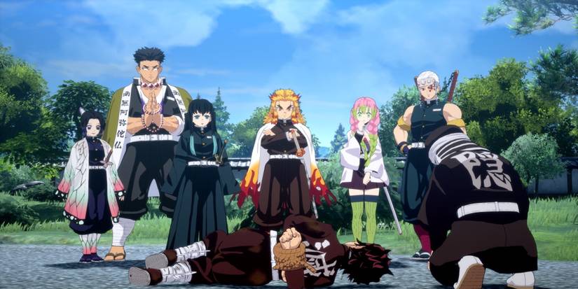 A scene featuring multiple characters from Demon Slayer-Kimetsu no Yaiba – The Hinokami Chronicles