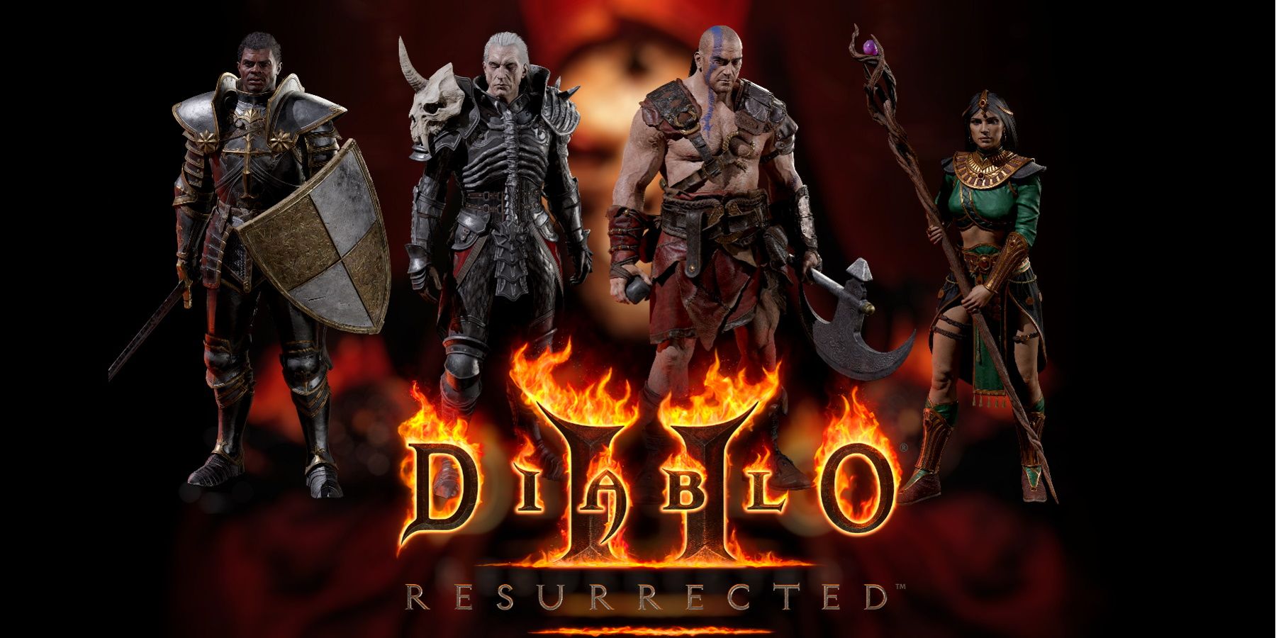 Diablo 2 Resurrected character models and game logo over blurred promo art
