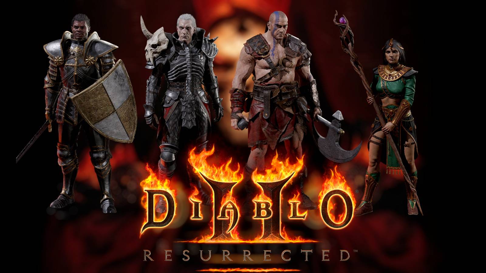 Diablo 2 Resurrected character models and game logo over blurred promo art