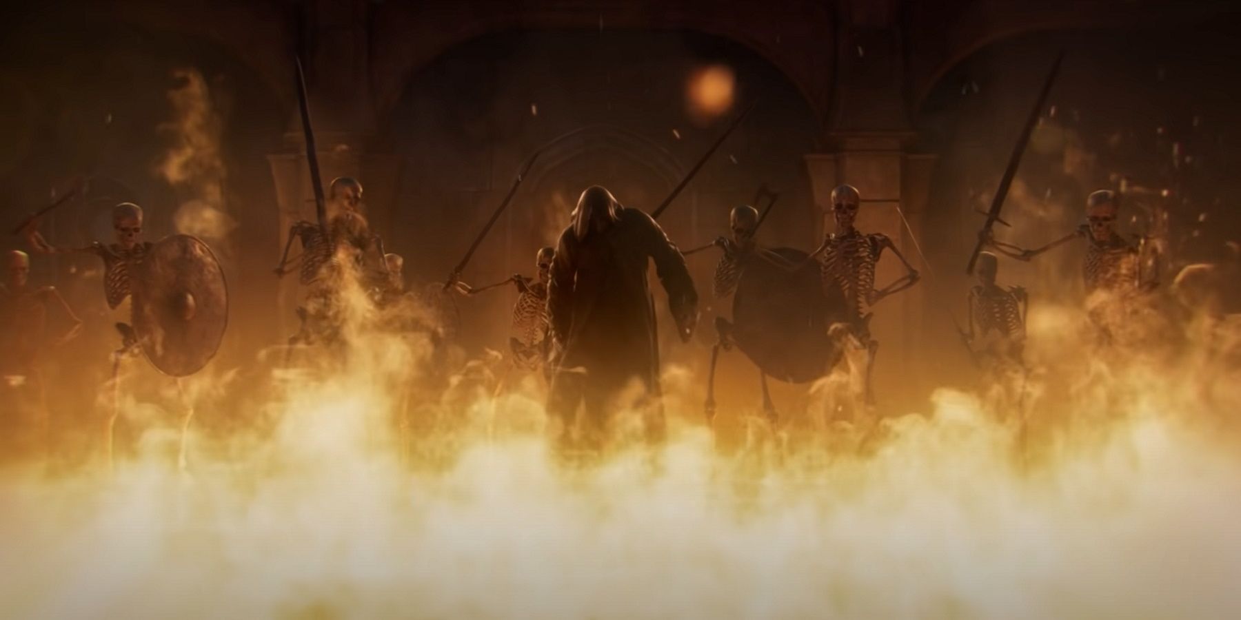 Diablo 2 Resurrected act 1 cinematic of tavern burning with enemies inside