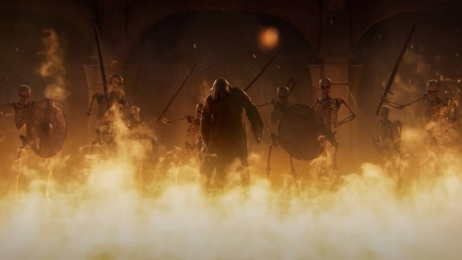 Diablo 2 Resurrected act 1 cinematic of tavern burning with enemies inside