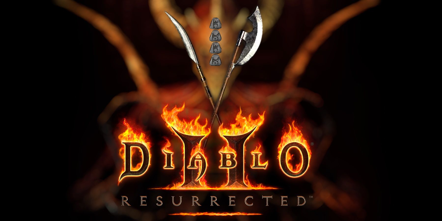 Diablo 2 Resurrected polearms and runes over promotional art and official logo