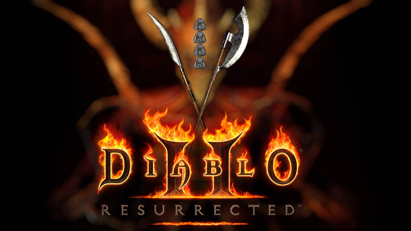 Diablo 2 Resurrected polearms and runes over promotional art and official logo