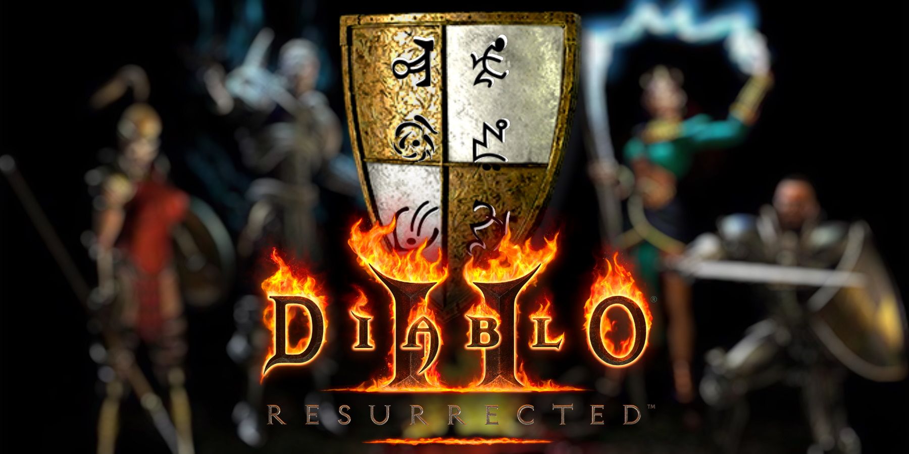 Diablo 2 Resurrected kite shield and logo on promo art background