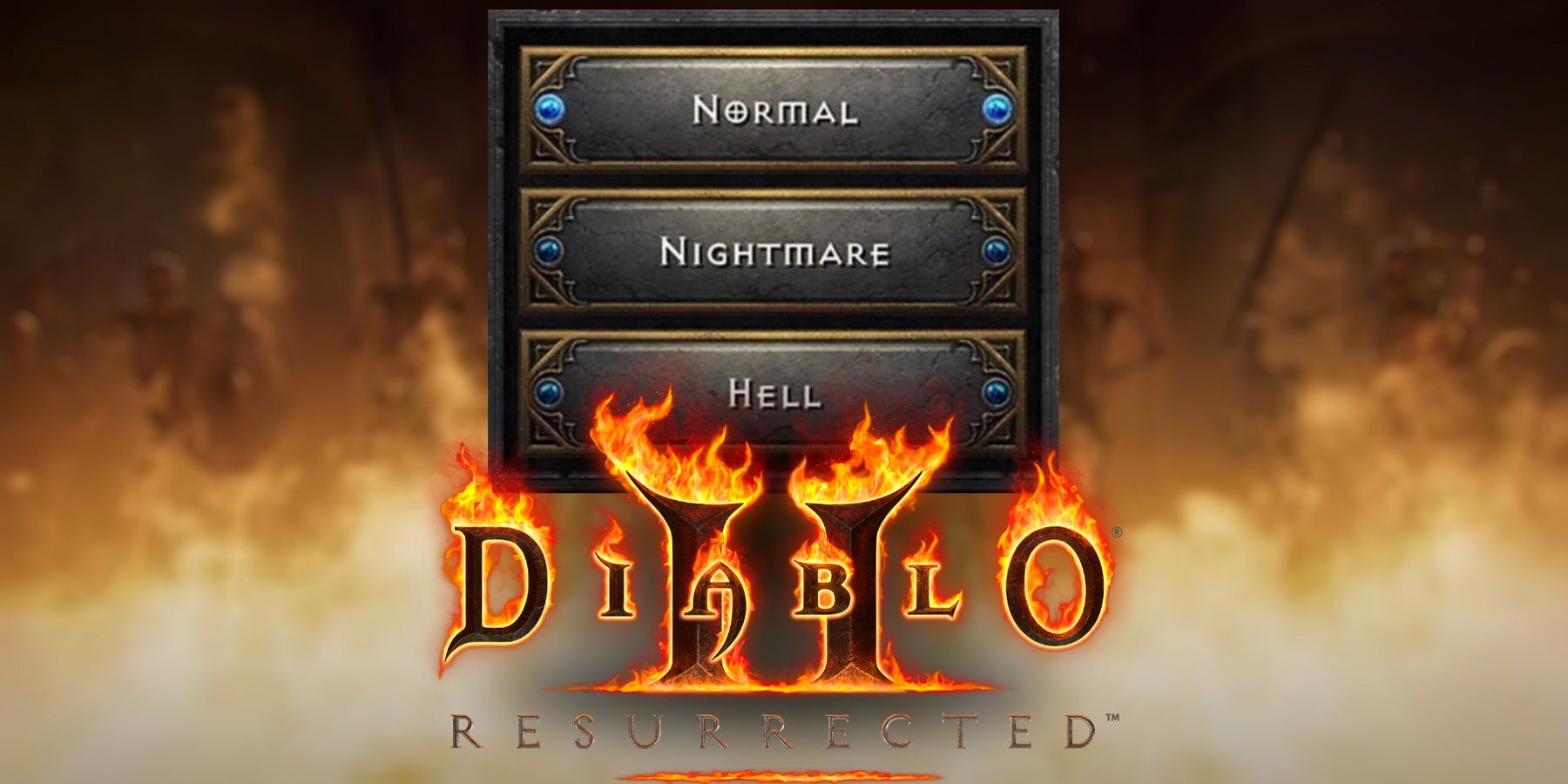 Diablo 2 Resurrected difficulty select screen on act 1 cutscene image and official logo