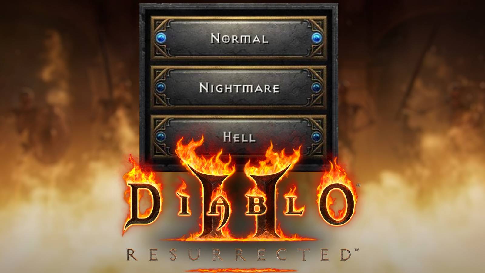 Diablo 2 Resurrected difficulty select screen on act 1 cutscene image and official logo