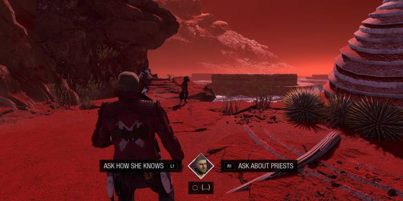 Peter Quill on a red planet with two dialogue options at the bottom of the screen