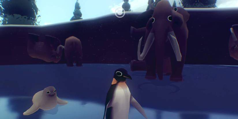 Penguin, seal, and mammoths in the snow. 