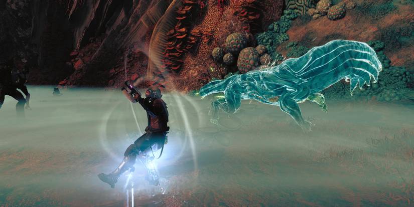 Peter Quill with his jet boots issuing blue flames while a green with a blue four-legged monster behind him