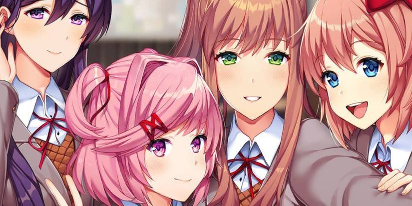 Four anime girls taking a selfie in Doki Doki Literature Club