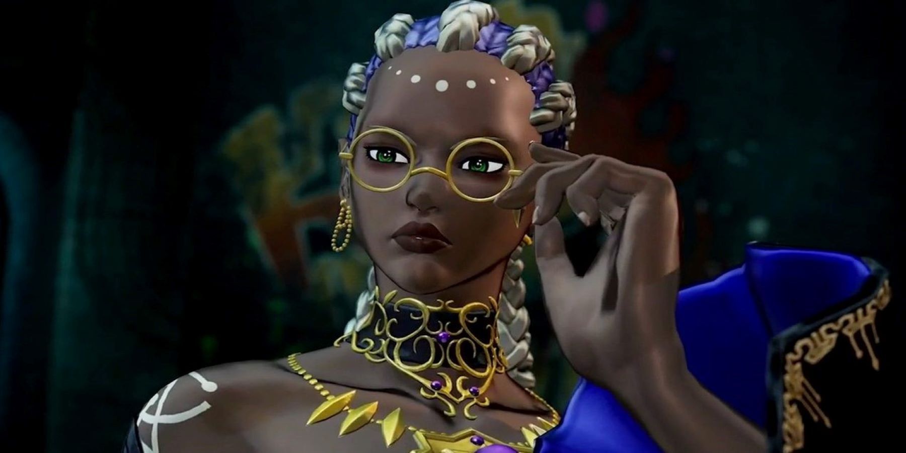 Dolores adjusting her glasses in her reveal trailer for King of Fighters 15