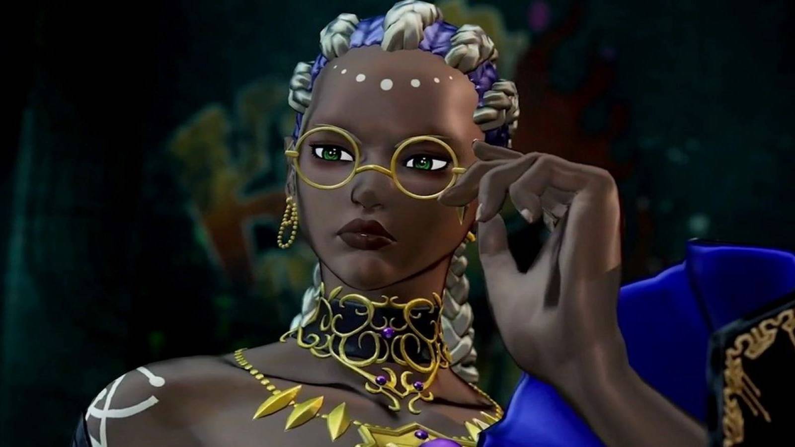 Dolores adjusting her glasses in her reveal trailer for King of Fighters 15