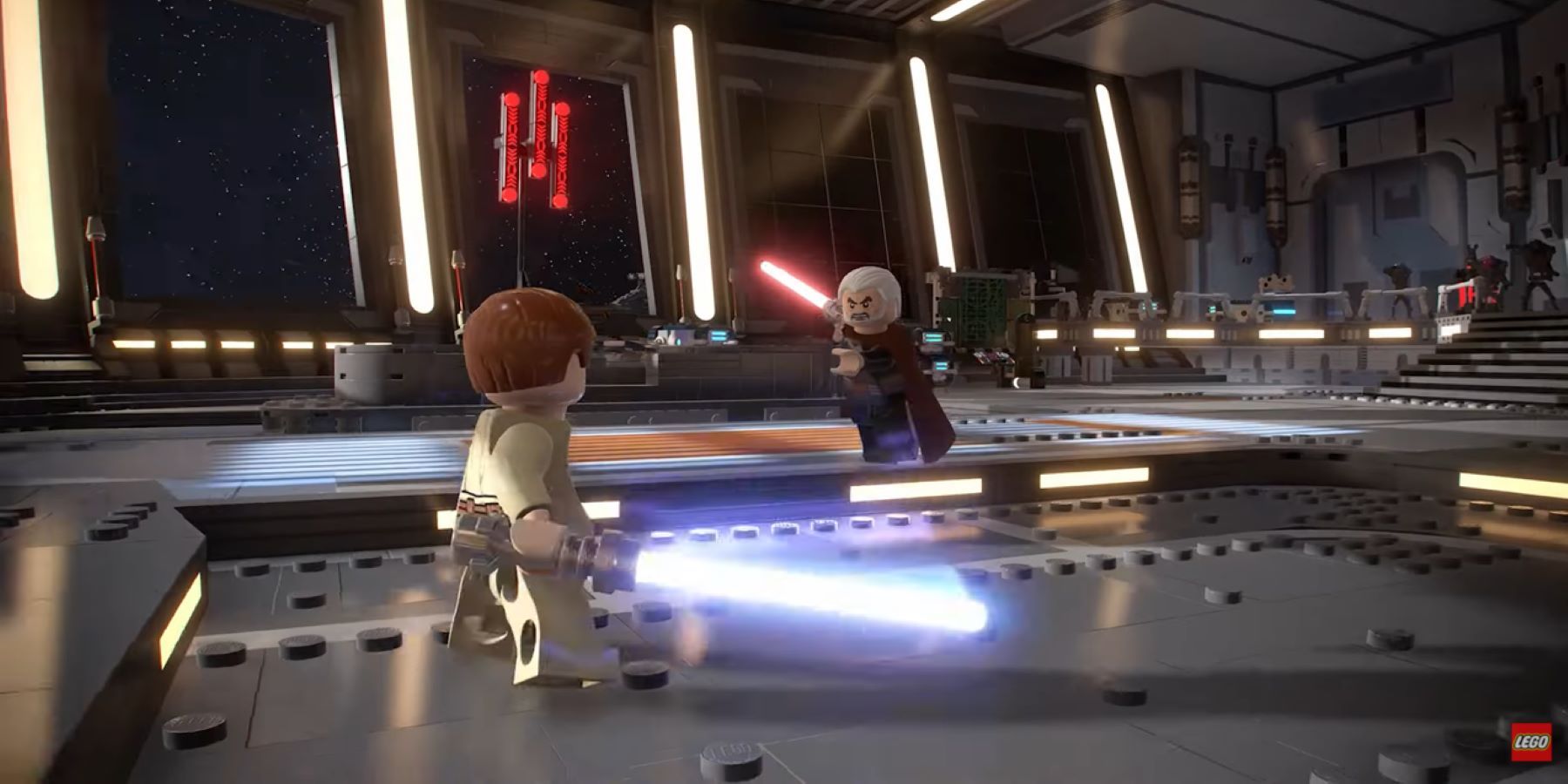 Obi-Wan Kenobi and Count Dooku fighting aboard a Separatist ship during the Star Wars Episode 3: Revenge of the Sith adaptation in LEGO Star Wars: The Skywalker Saga