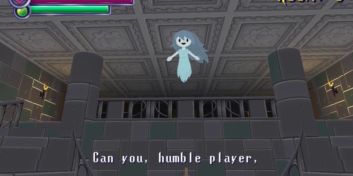 Девушка-призрак разговаривает с игроком.
