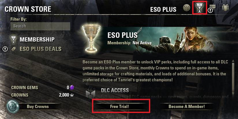 ESO Crown Store Free Trial Button Menu ESO Plus Menu