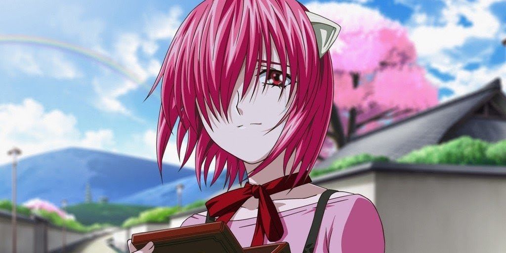 Elfen Lied Lucy with red ribbon standing outside