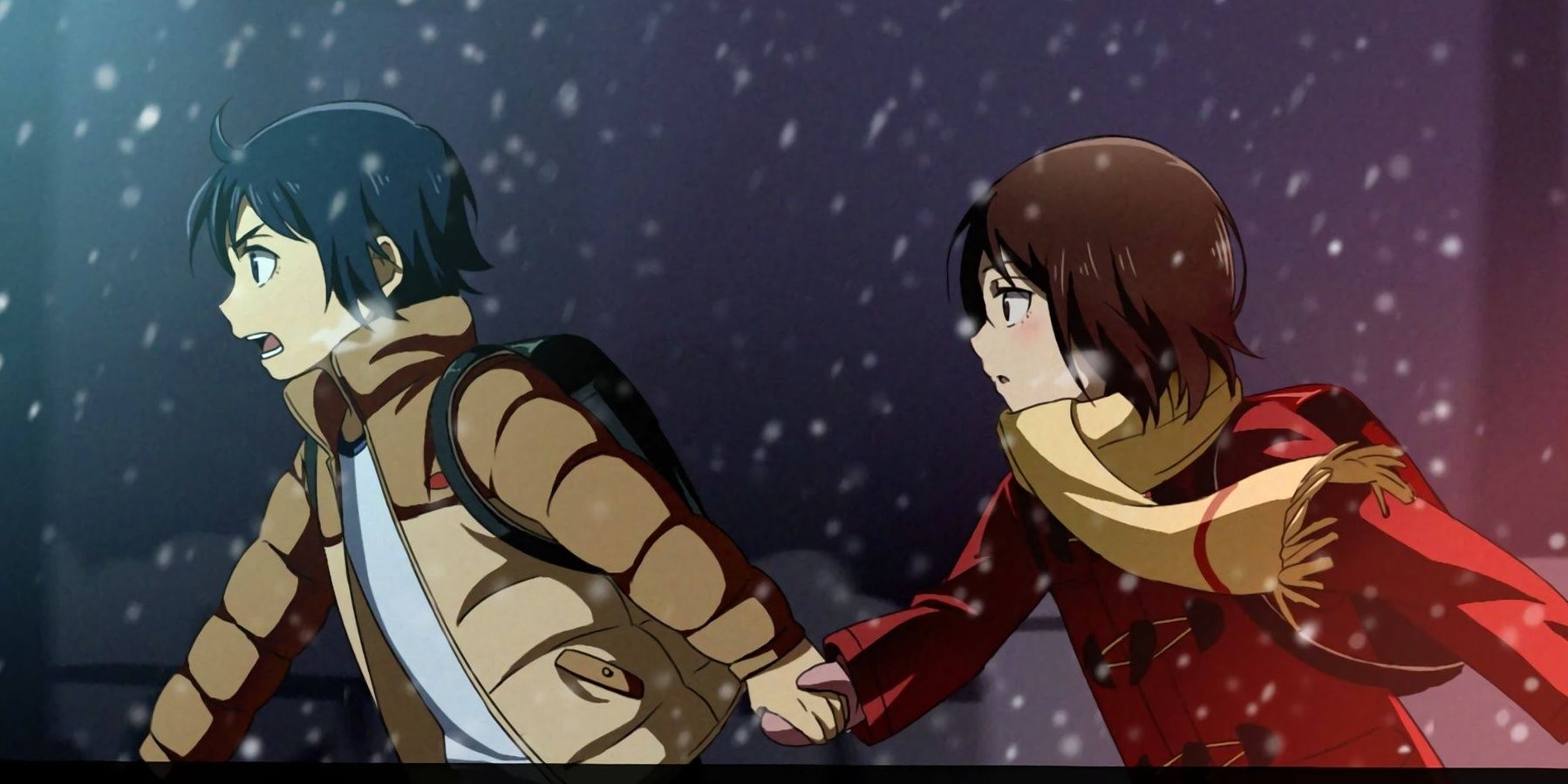 Young Satoru and Kayo holding hands and running in a snowfall