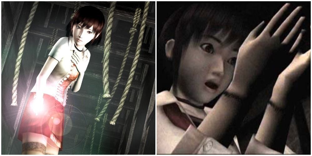 Split image of Miku in hallway and her looking at her marked wrists. 