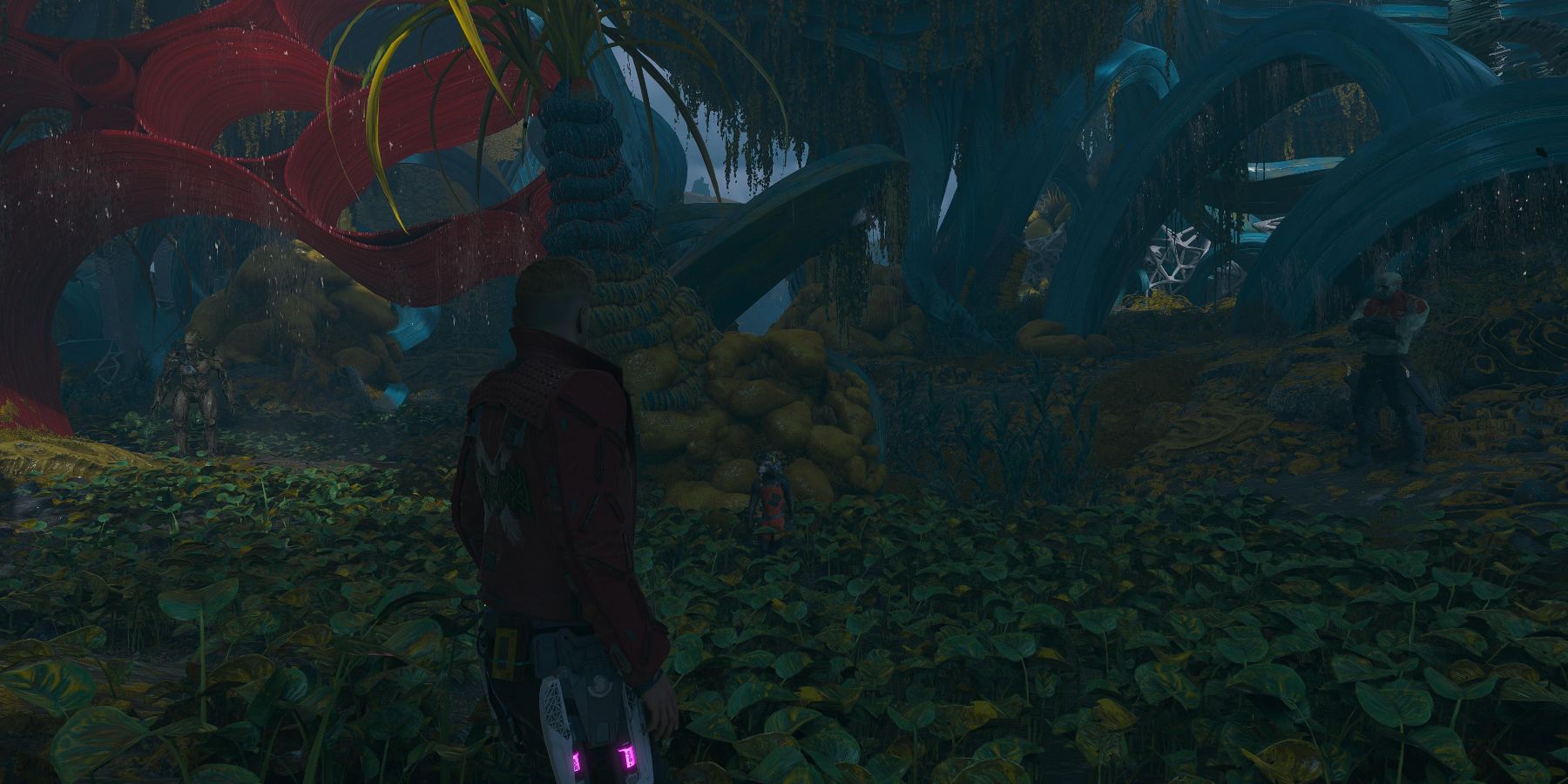 the whole guardians team in a jungle with red leaves overhead on the left 
