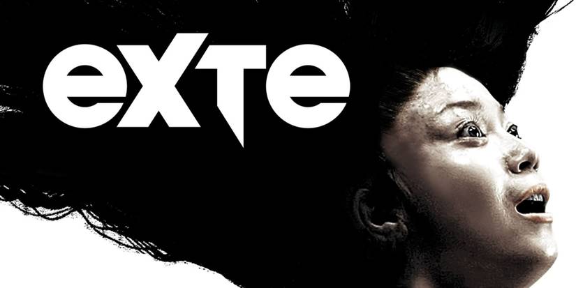 Close-up on a woman's wild hair and the movie's title in Exte