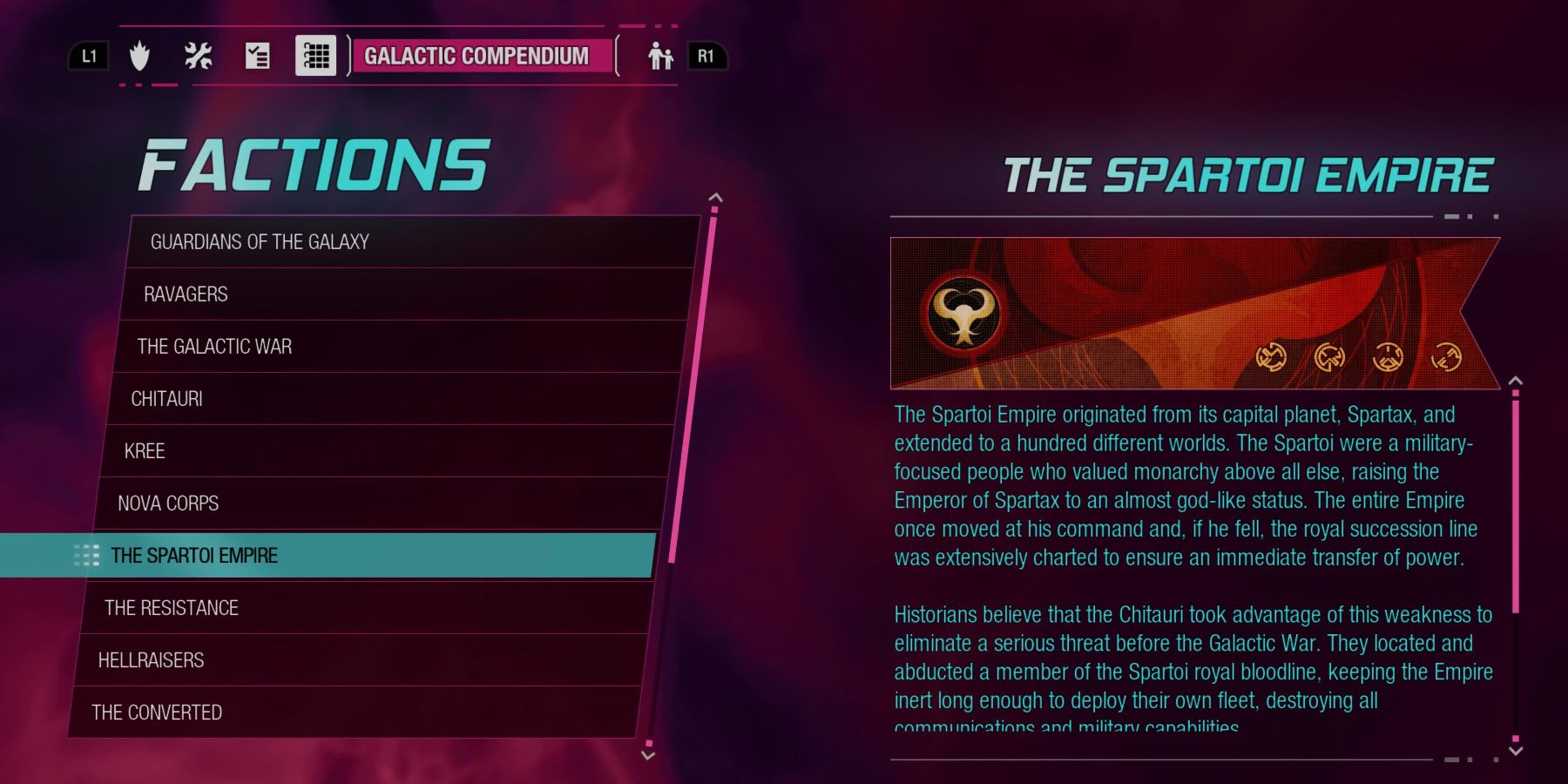 menu screen on a database entry titled "The Spartoi Empire" 