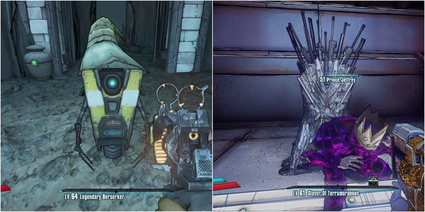 split image of Fantasy References in Tiny Tina Assault on Dragons Keep, wizard Claptrap and Iron Throne 