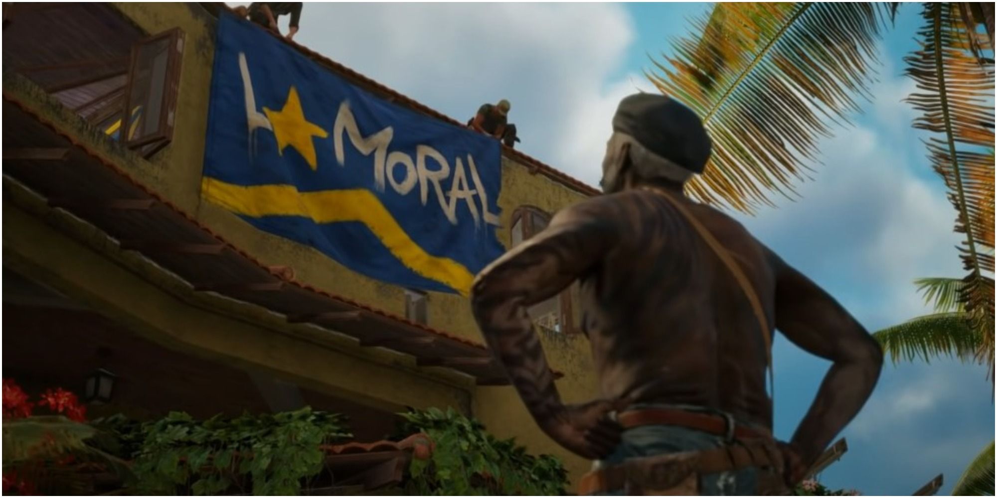Far Cry 6 La Moral Hanging Up A Banner With El Tigre Cheering Them On