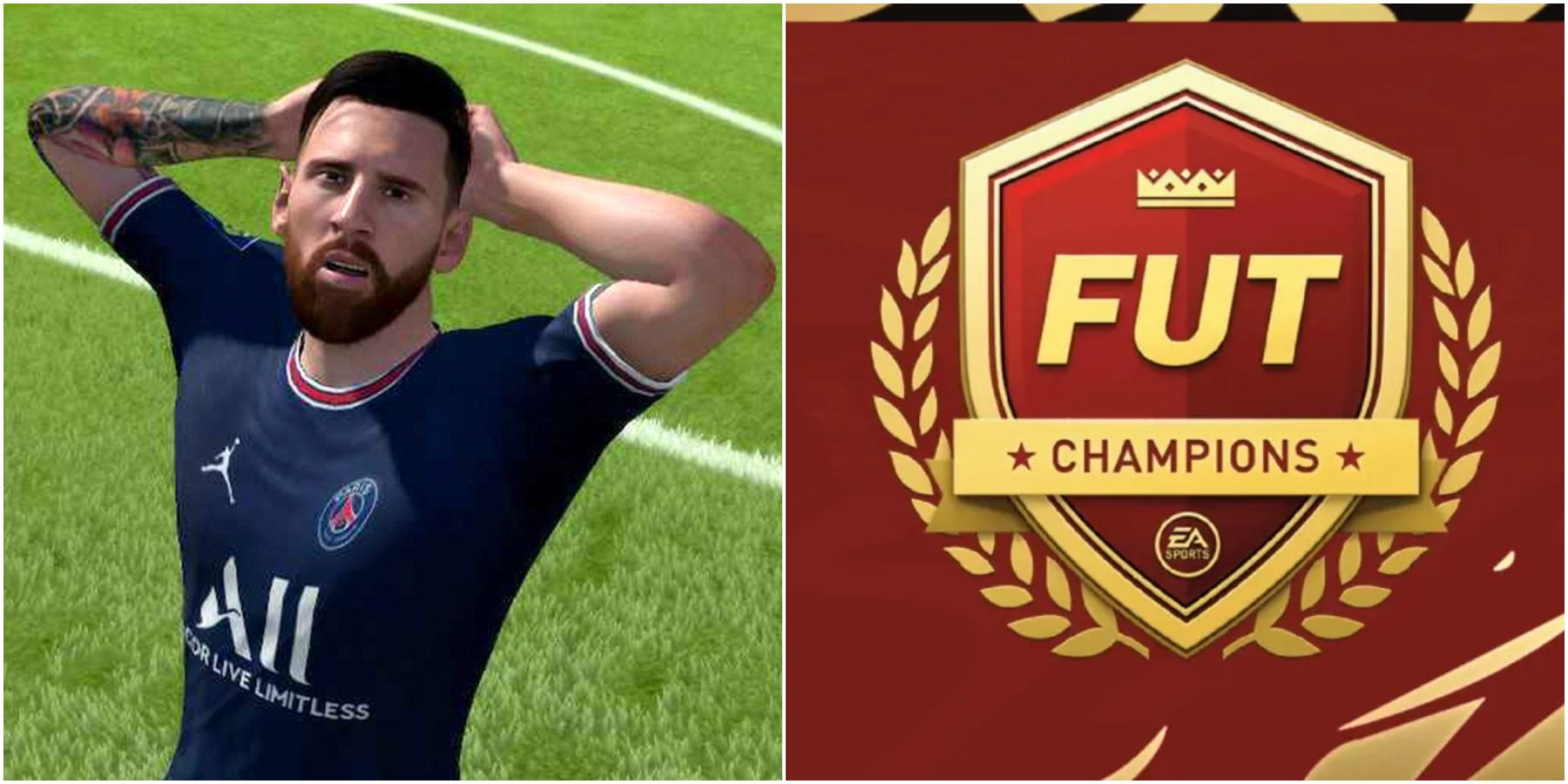 (Left) Messi looking dissapointed (Right) FUT Champtions logo