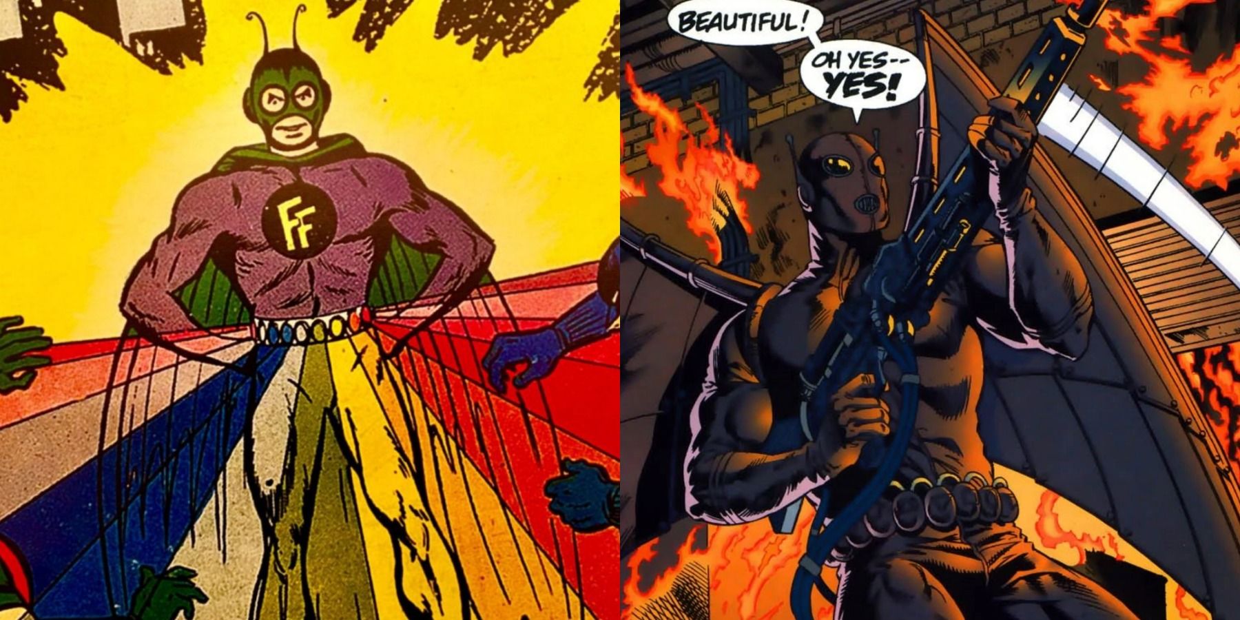 A split image depicts original Firefly Garfield Lynns in DC Comics and the updated version of him