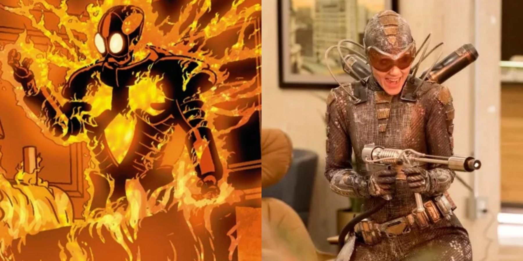 A split image depicts the Ted Carson version of Firefly in DC Comics and Bridgit Pike in Gotham