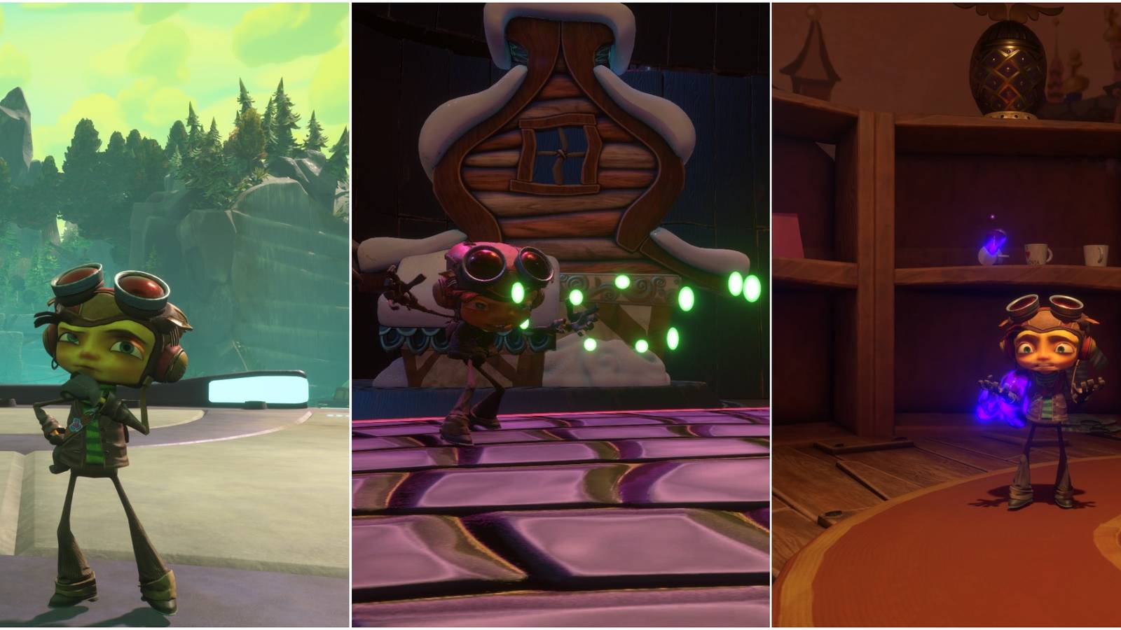 Raz standing with his hand on his chin; Raz using an ability with green lights; Raz shrugging in front of a glowing, purple rock