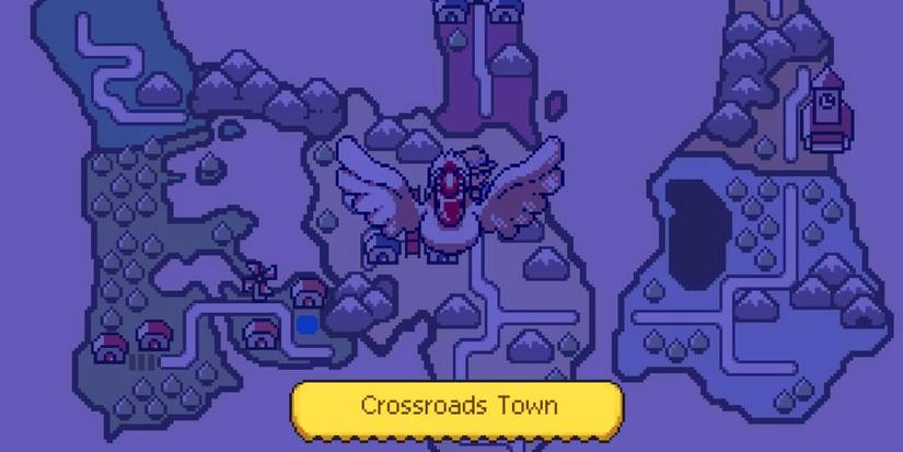 player character on a large bird over a pixelated, simple island map 