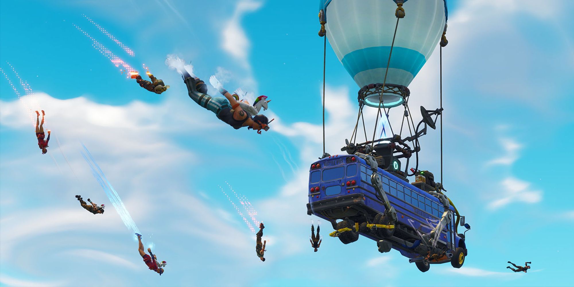 Fortnite Battle Bus blue sky players dropping