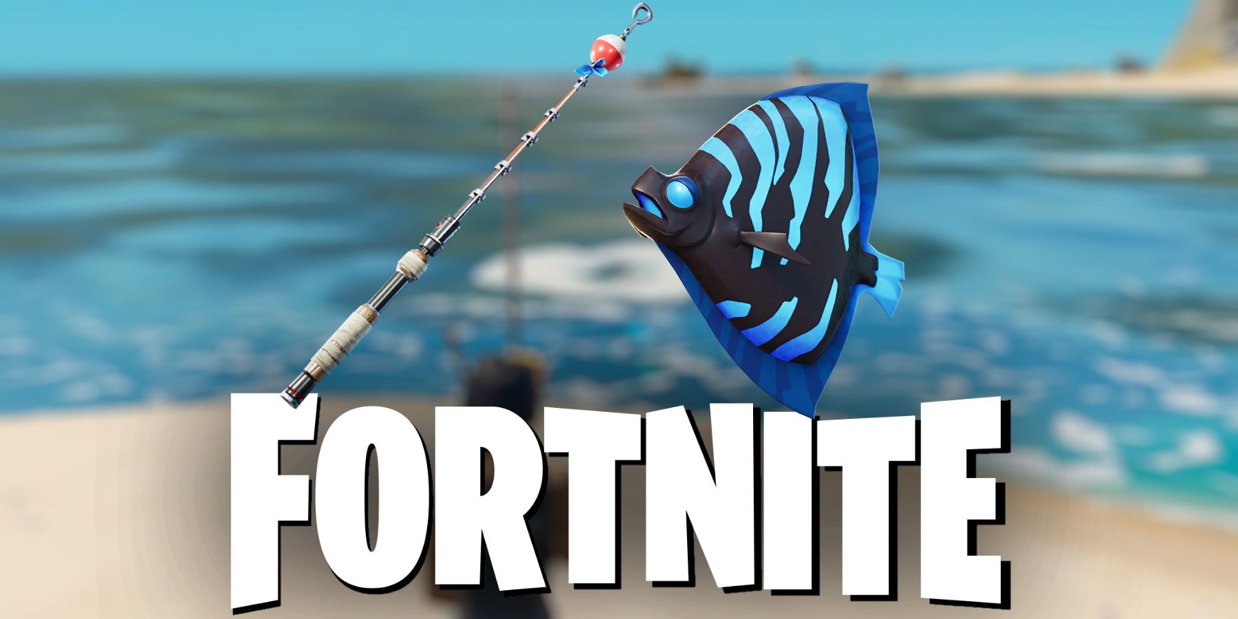 Fortnite fishing rod and black and blue shield fish on blurred fishing photo and official logo