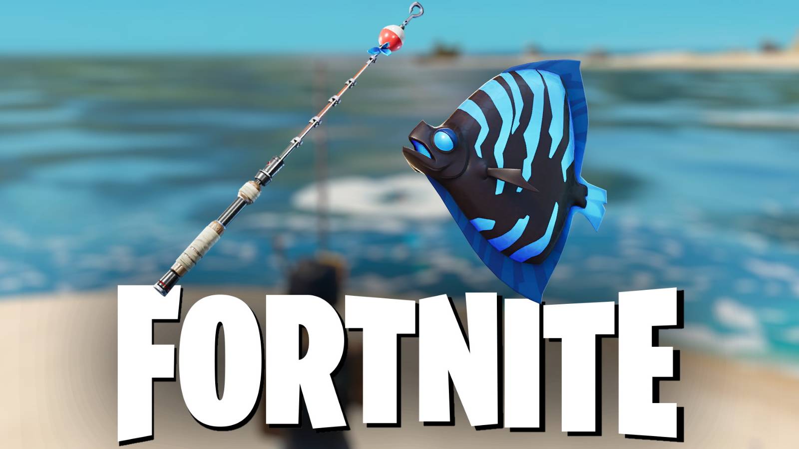 Fortnite fishing rod and black and blue shield fish on blurred fishing photo and official logo