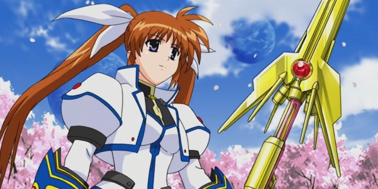 Nanoha in armor with spear. 