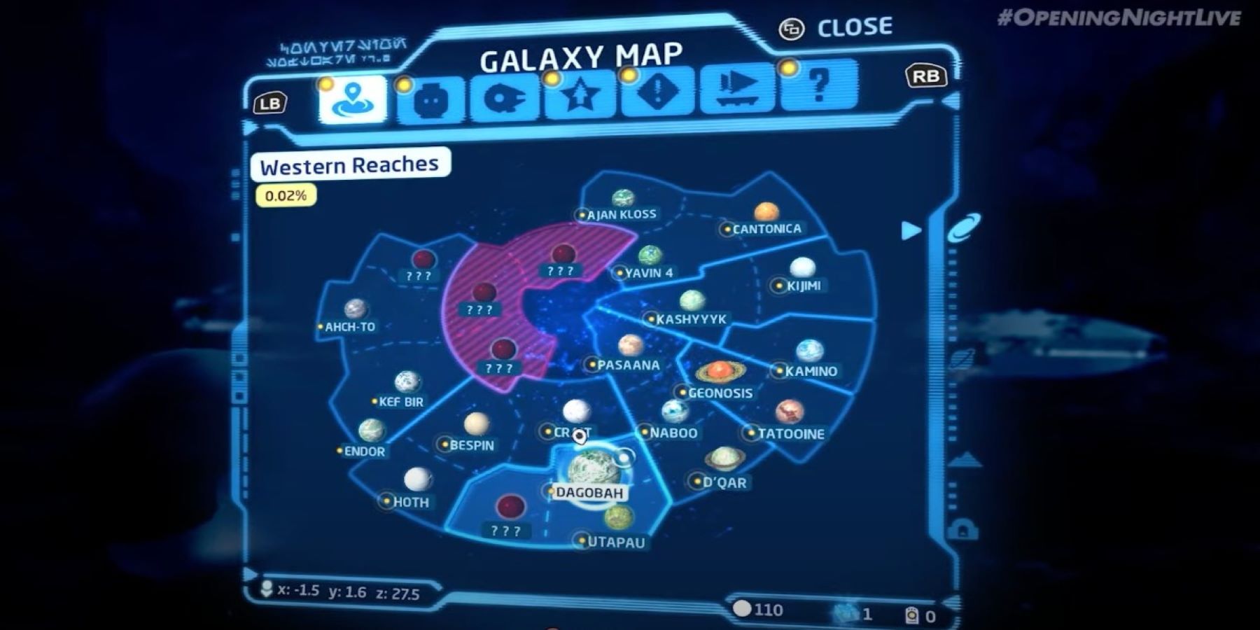 Luke Skywalker opening the galaxy map in LEGO Star Wars: The Skywalker Saga