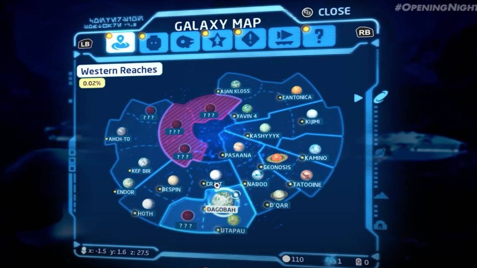 Luke Skywalker opening the galaxy map in LEGO Star Wars: The Skywalker Saga