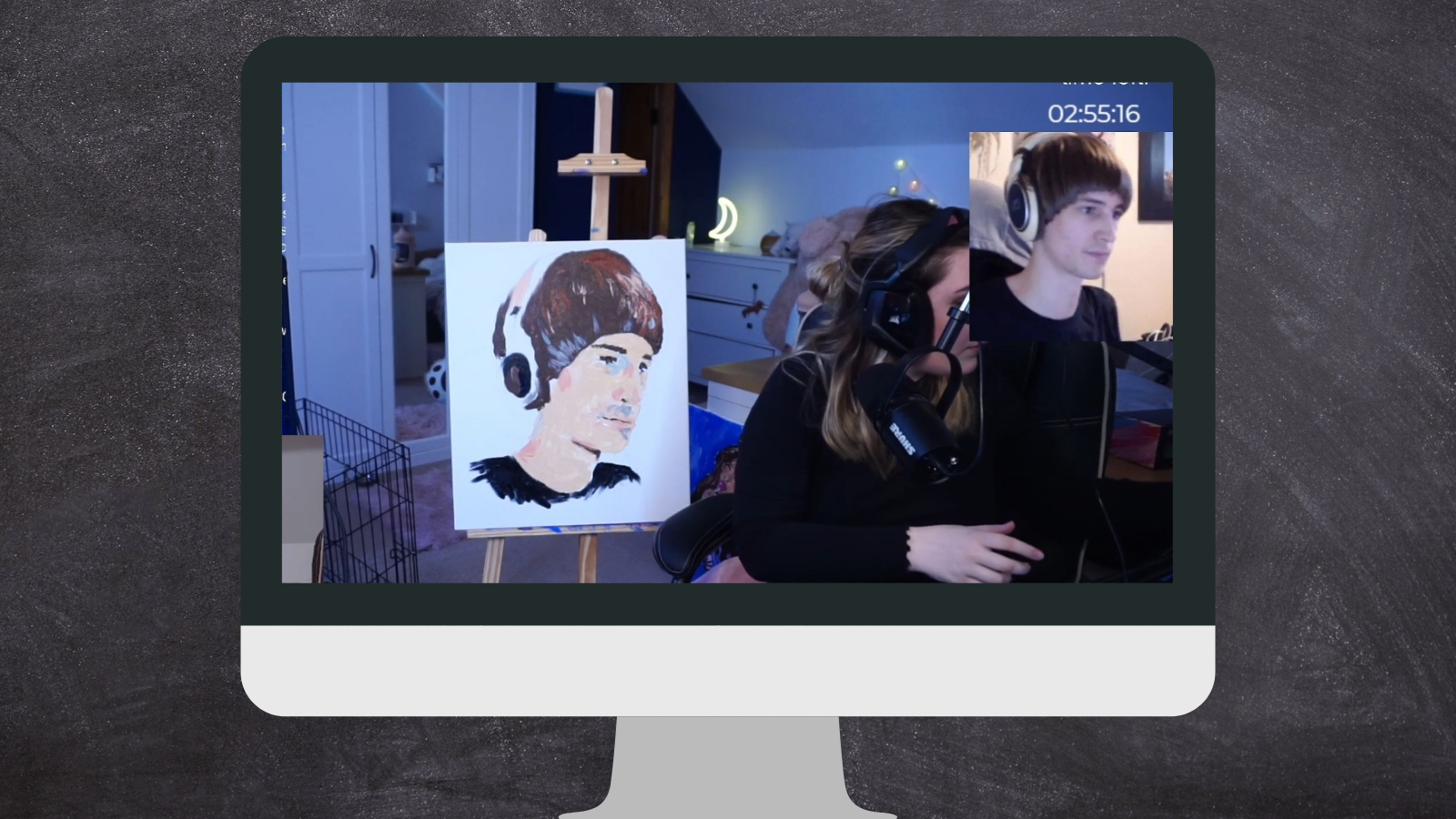 streamer painting xqc on black chalk board background