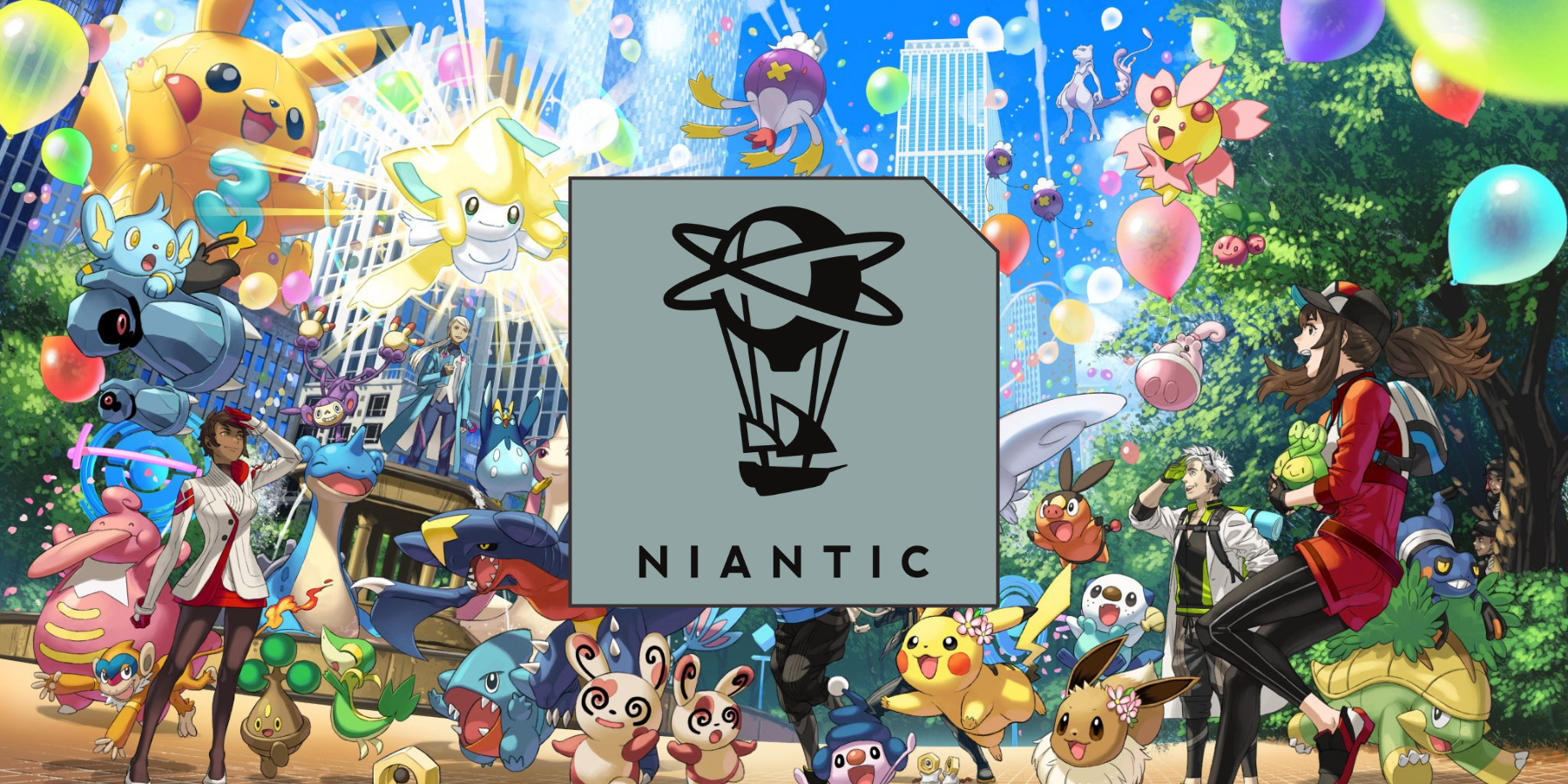 pokemon go background, with niantic logo overtop