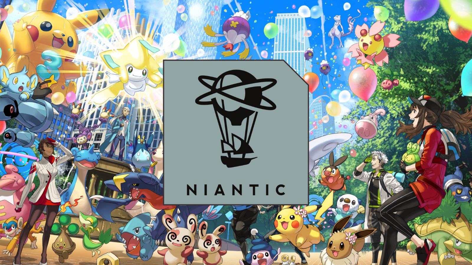 pokemon go background, with niantic logo overtop