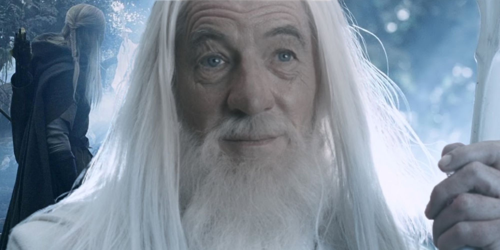 Gandalf reappears to Legolas, Aragorn, and Gimli as Gandalf the White