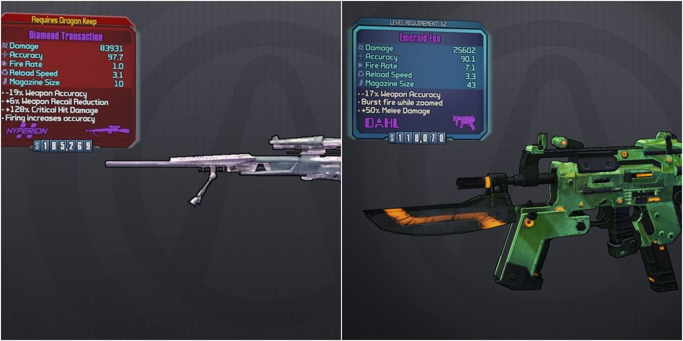 split image of Gemstone Weapons in Borderlands 2 Tiny Tina Assault on Dragons Keep