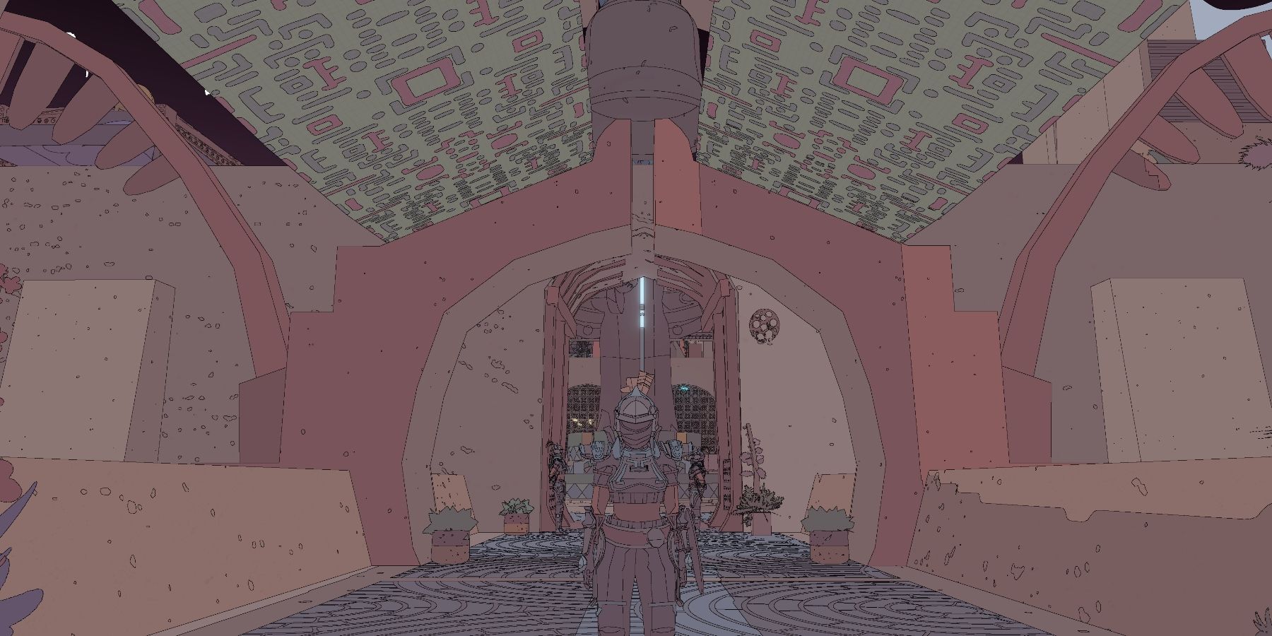 Sable in a knight's helmet standing in front of archway with banners connected to the top