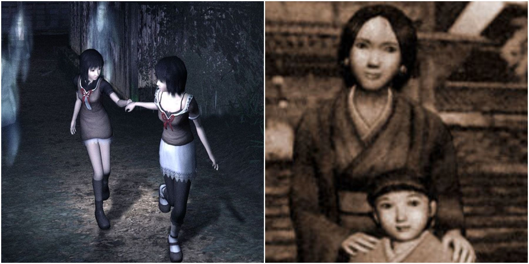 Split image of Mio and Mayu and a photo of Miku's ancestors. 
