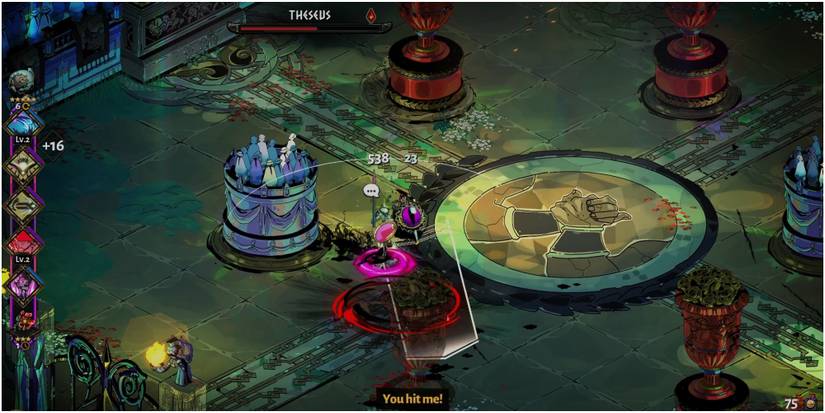 Hades Blocking Theseus' Spin Attack With A Bull Rush