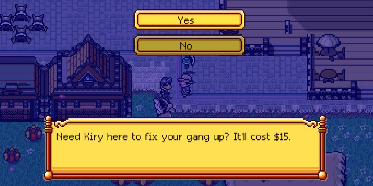 main character speaking to a man who says "Need Kiry here to fix your gang up? It'll cost $15." 