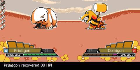 A monster with a bone plate over its head battles a lizard with a hammer; on the bottom it says that the bone-headed monster was healed for 80HP